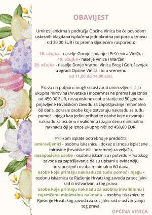 Obavijest o isplati jednokratne novčane potpore povodom uskrsnih blagdana