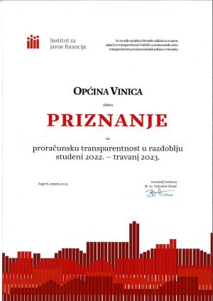Općini Vinica i ove godine petica iz transparentnosti proračuna